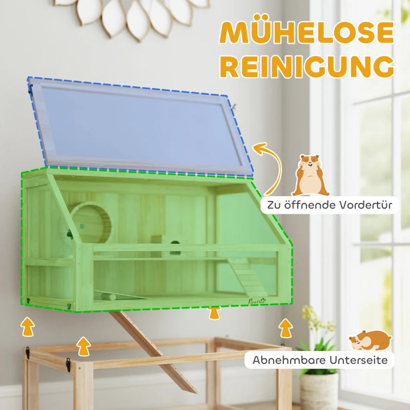 PawHut Hamsterkäfig aus Holz 3 Etagen Nagarium Nagerkäfig mit klappbarem Deckel Laufrad 80 x 50 x 76 cm Naturholz(m-6)