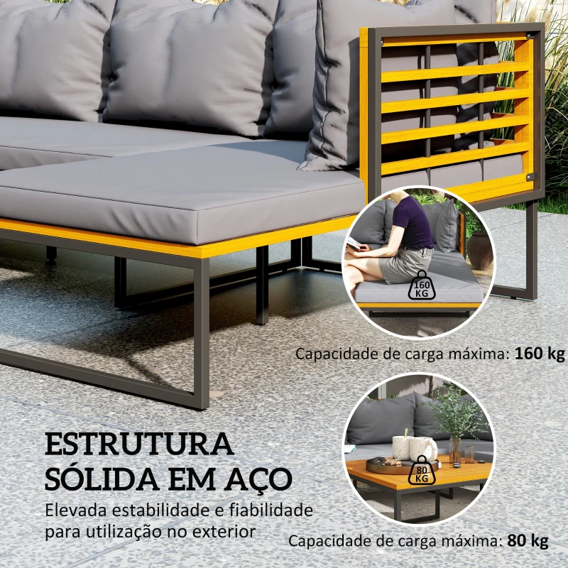 Outsunny Conjunto de Jardim de 4 Peças em Forma de L com 2 Sofás de 2 Lugares Sofá de Canto e Mesa de Centro  Cinza e Madeira