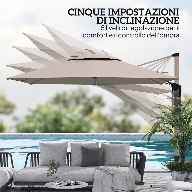 Outsunny Ombrellone a Sbalzo Inclinabile con Manovella e Base, in Alluminio, Metallo e Poliestere, 4.1x2.9x2.7A m, Kaki