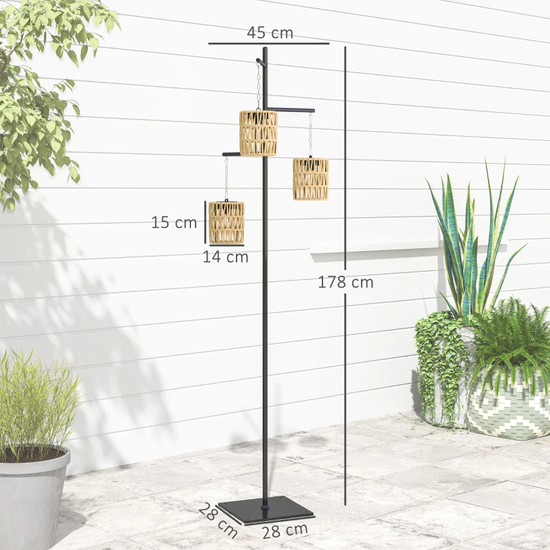 Outsunny Lampă de Exterior Solară cu 3 Lumini în Stil Boho cu Bază Pătrată, 45x45x178 cm, Negru
