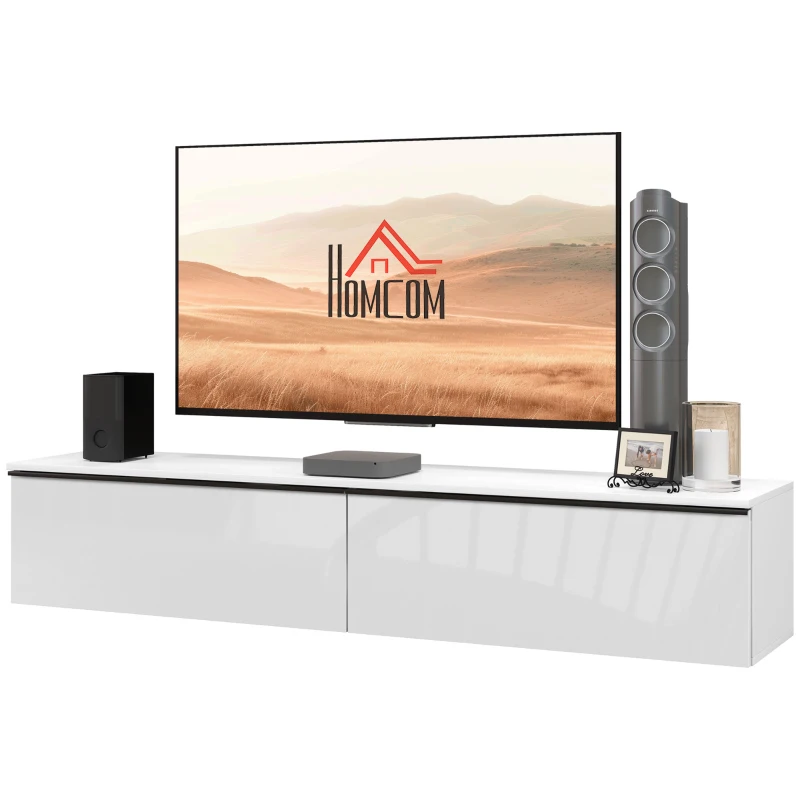 HOMCOM Mobile TV Sospeso con Armadietti con Ante a Ribalta in Legno, 160x35x30 cm, Bianco Lucido