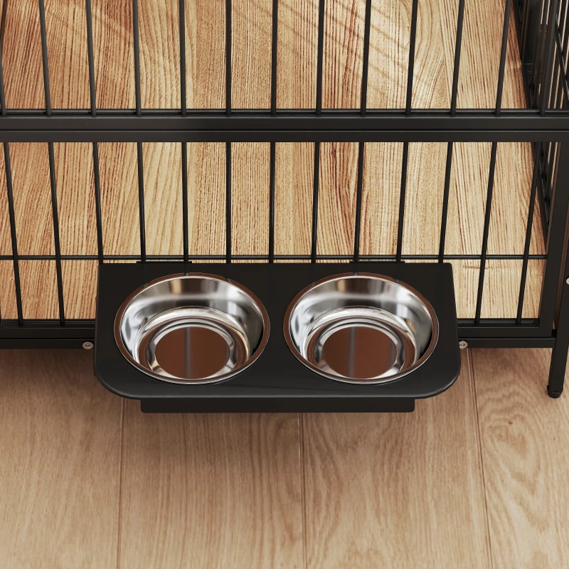 PawHut Jaula para Perros Mesa Auxiliar Moderna con Soporte Giratorio con 2 Tazones y 2 Puertas 80x56x76,5 cm Roble