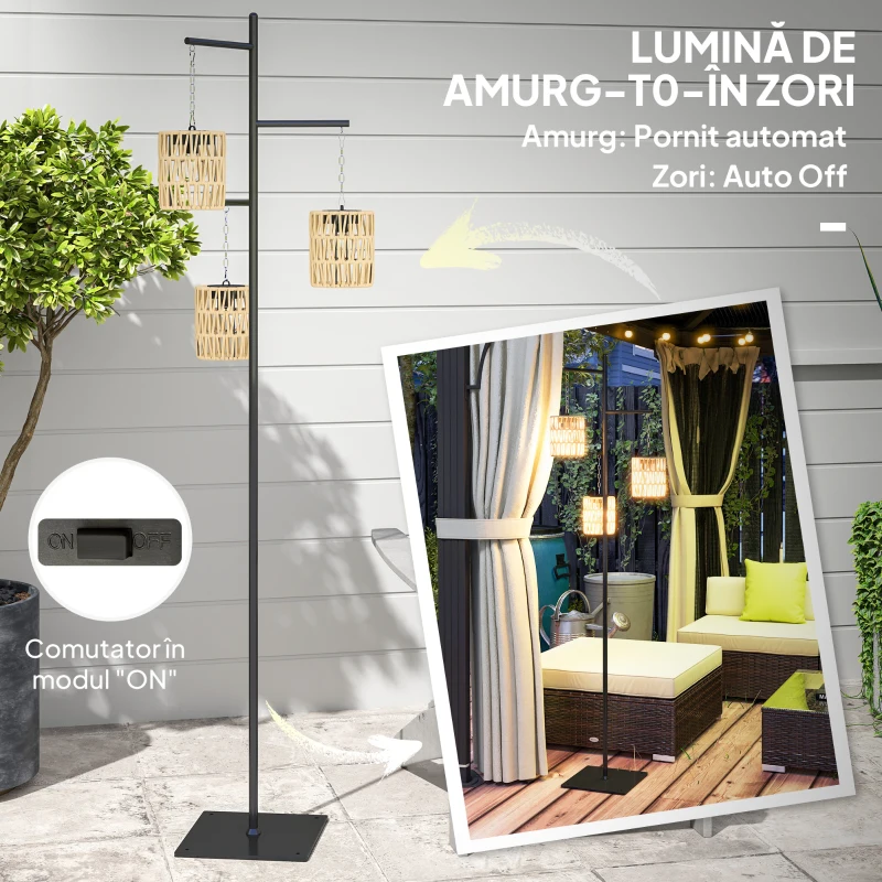 Outsunny Lampă de Exterior Solară cu 3 Lumini în Stil Boho cu Bază Pătrată, 45x45x178 cm, Negru