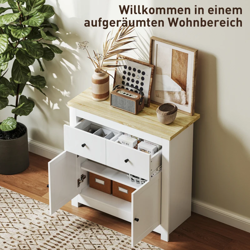 HOMCOM Kommode mit viel Stauraum, Sideboard mit Soft-Close-Türen, 2 Schubladen, verstellbares Regal, Weiß(m-4)