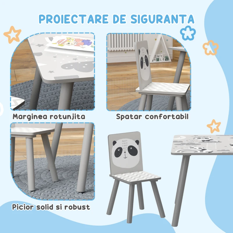 ZONEKIZ Set Masă și 2 Scaune pentru Copii de 3-8 Ani cu Desene de Animale, 60x60x44 cm, Gri