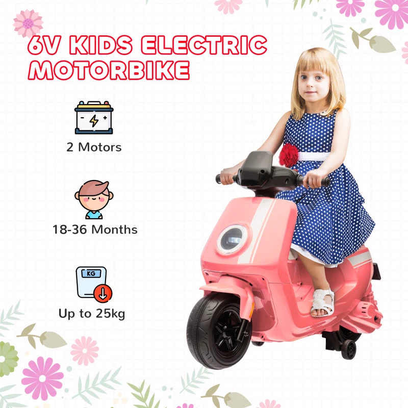 AIYAPLAY 6V Ride on Motorbike, Kids Electric Motorbike w/ Headlights, Music, Training Wheels, for Ages 18-36 Months, Pink