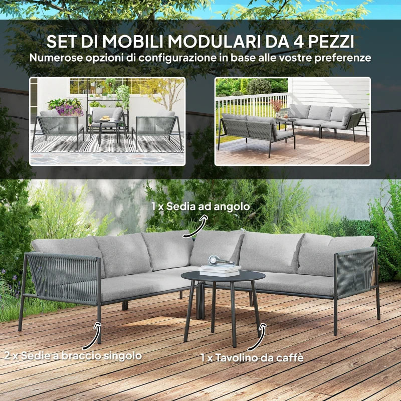 Outsunny Salotto da Giardino in Rattan con Divano Angolare Modulabile, Tavolino da Caffè e Cuscini, Grigio