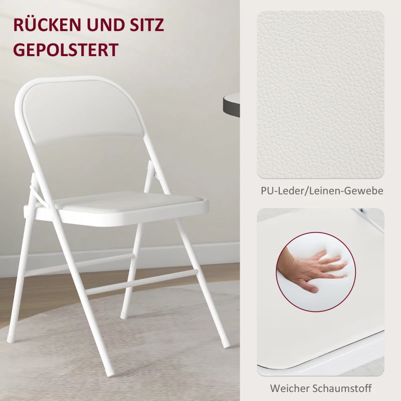 HOMCOM Set van 4 vouwstoelen, Draagbare kantoorstoelen, Metalen poten, Vouwstoel voor kantoor,ontvangst, wachtkamer, Kunstleer, Wit(m-4)