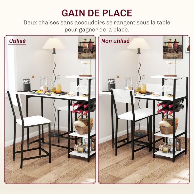HOMCOM Ensemble table de bar avec tabourets, abattant pliant, casiers à vin, porte-verres, étagères et repose-pieds, blanc