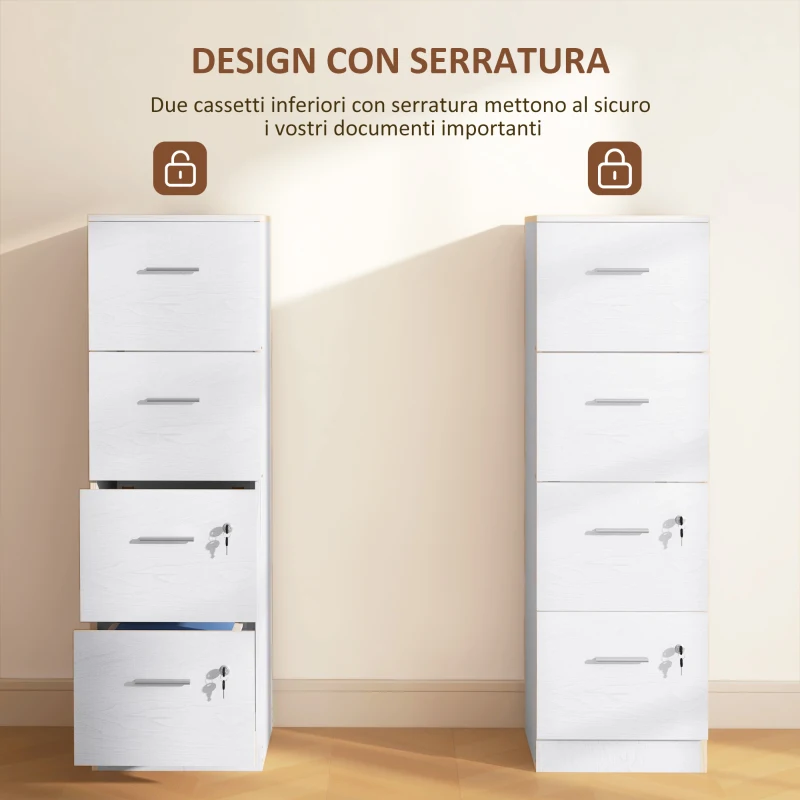 HOMCOM Armadio per Ufficio a 4 Cassetti con 2 Serrature e Barra Portadocumenti, in Legno, 40x42x130.8 cm, Bianco
