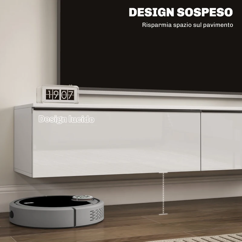 HOMCOM Mobile TV Sospeso con Armadietti con Ante a Ribalta in Legno, 160x35x30 cm, Bianco Lucido
