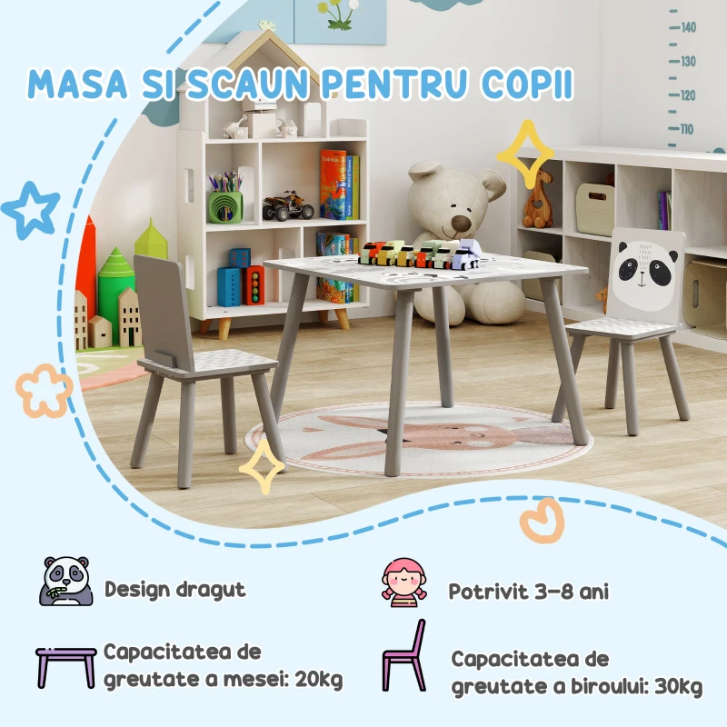 ZONEKIZ Set Masă și 2 Scaune pentru Copii de 3-8 Ani cu Desene de Animale, 60x60x44 cm, Gri