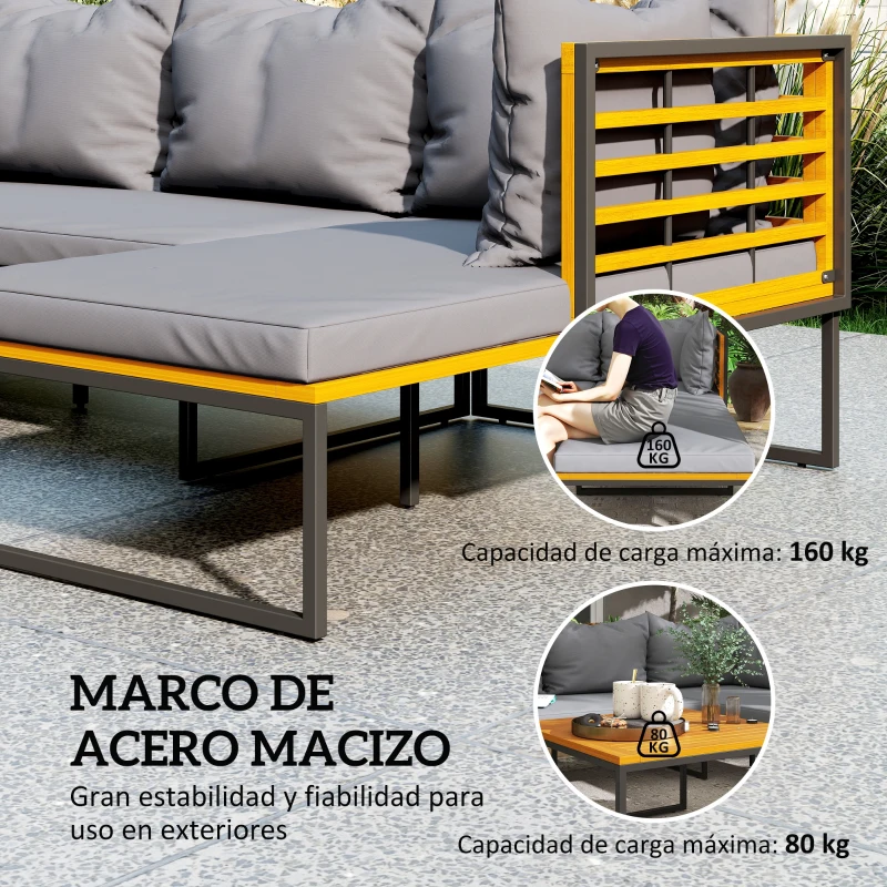 Outsunny Conjunto de Jardín Exterior con 2 Sofás de 2 Plazas Sofá de Esquina y Mesa de Centro de Madera con Cojines Gris y Teca