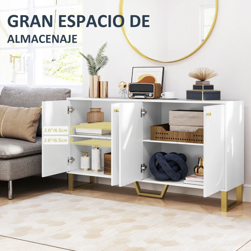 HOMCOM Aparador con 4 Puertas Arqueadas Estantes Ajustables y Patas Doradas 140,8x35x77,5 cm Blanco
