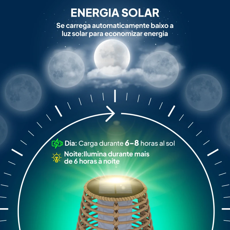 Outsunny Candeeiro de Jardim em Vime Sintético Candeeiro Solar de Exterior com Luzes LED Ligar e Desligar Automático Ø26x72 cm Madeira