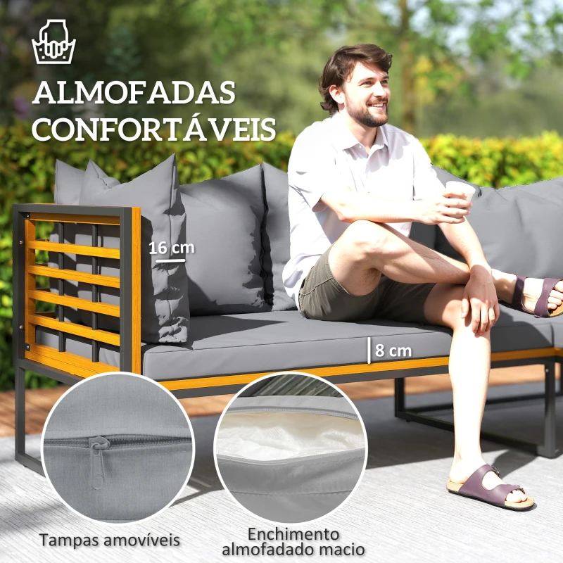 Outsunny Conjunto de Jardim de 4 Peças em Forma de L com 2 Sofás de 2 Lugares Sofá de Canto e Mesa de Centro  Cinza e Madeira
