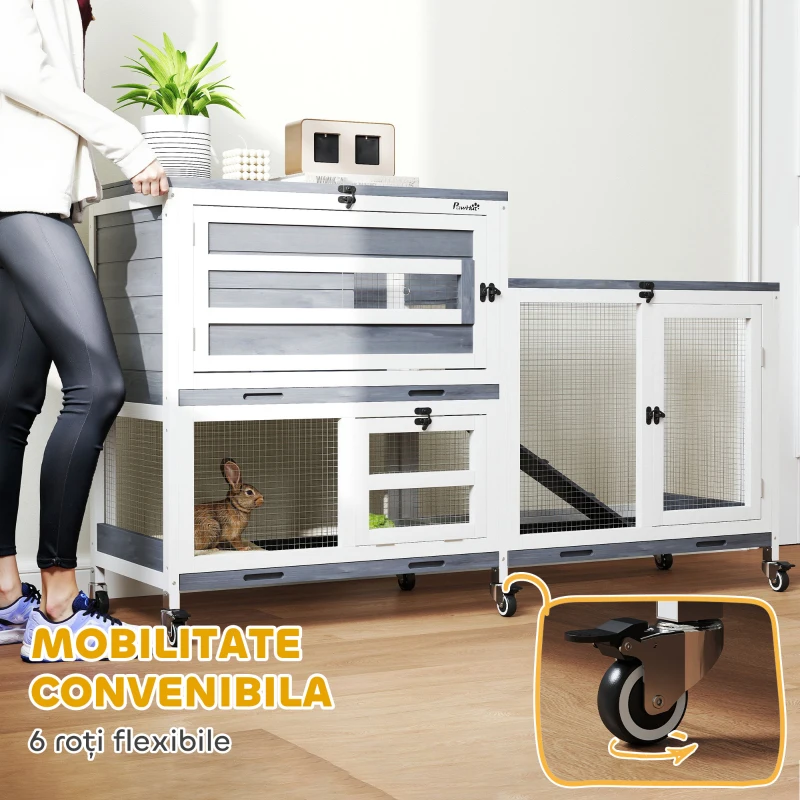 Pawhut Cusca Iepuri 2 Nivele – Gri, cu Roti, Rampa & Acoperis Rabatabil