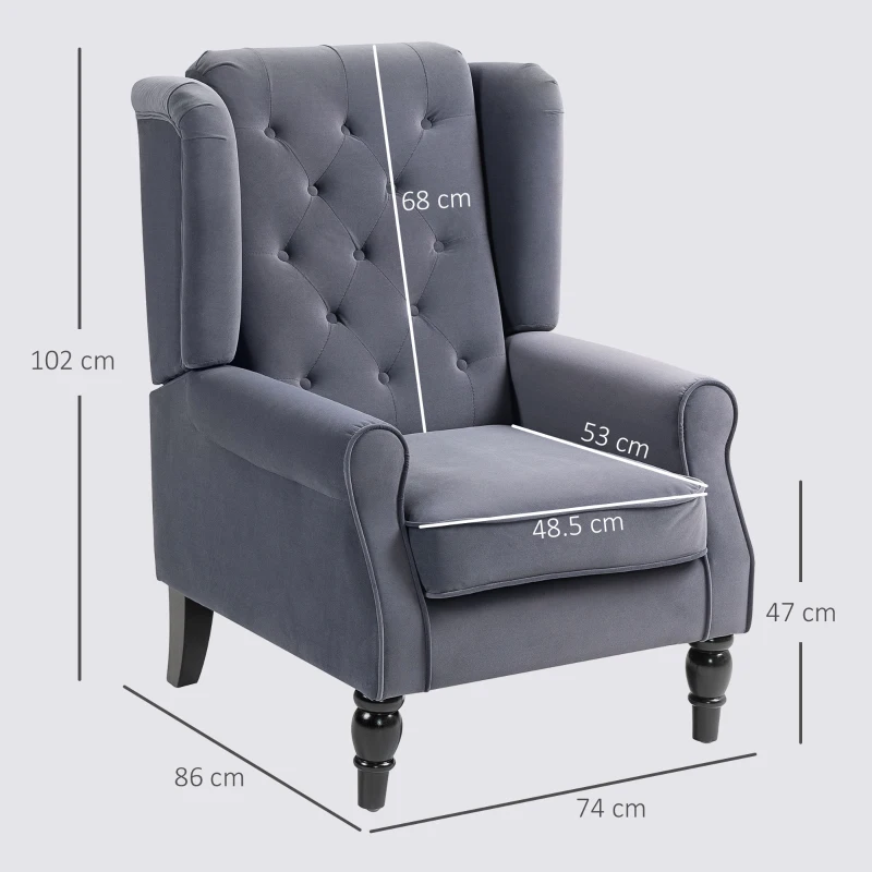 HOMCOM Wingback Accent Chair, Retro Upholstered Button Tufted Occasional Chair for Living Room and Bedroom, Charcoal Grey