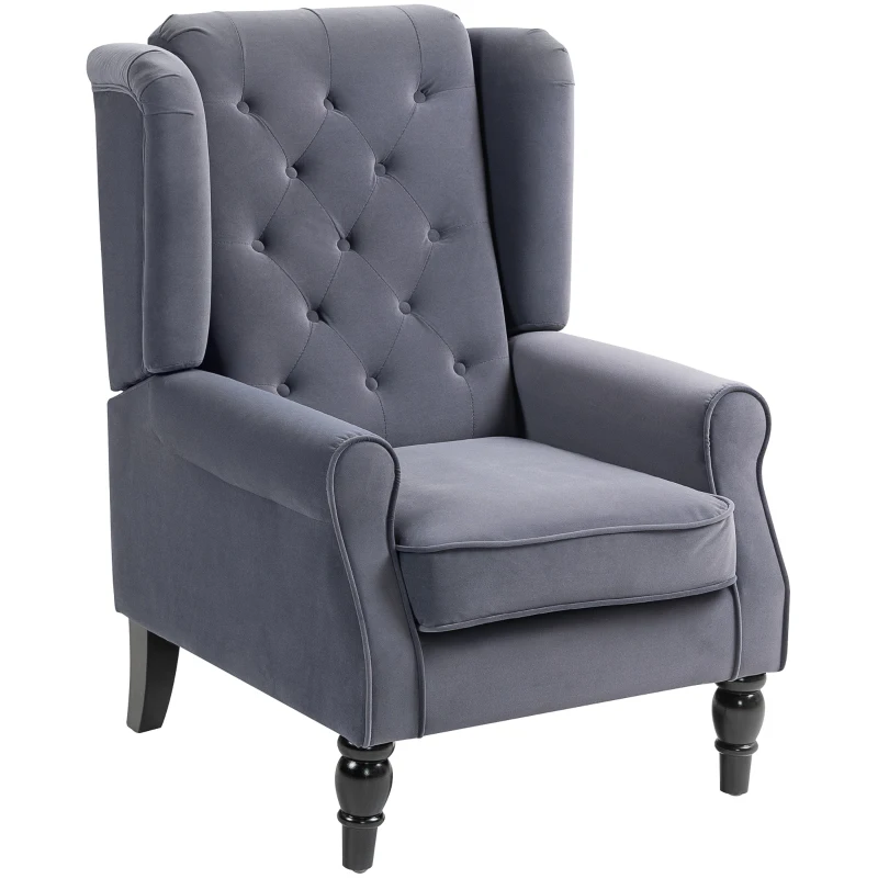 HOMCOM Wingback Accent Chair, Retro Upholstered Button Tufted Occasional Chair for Living Room and Bedroom, Charcoal Grey