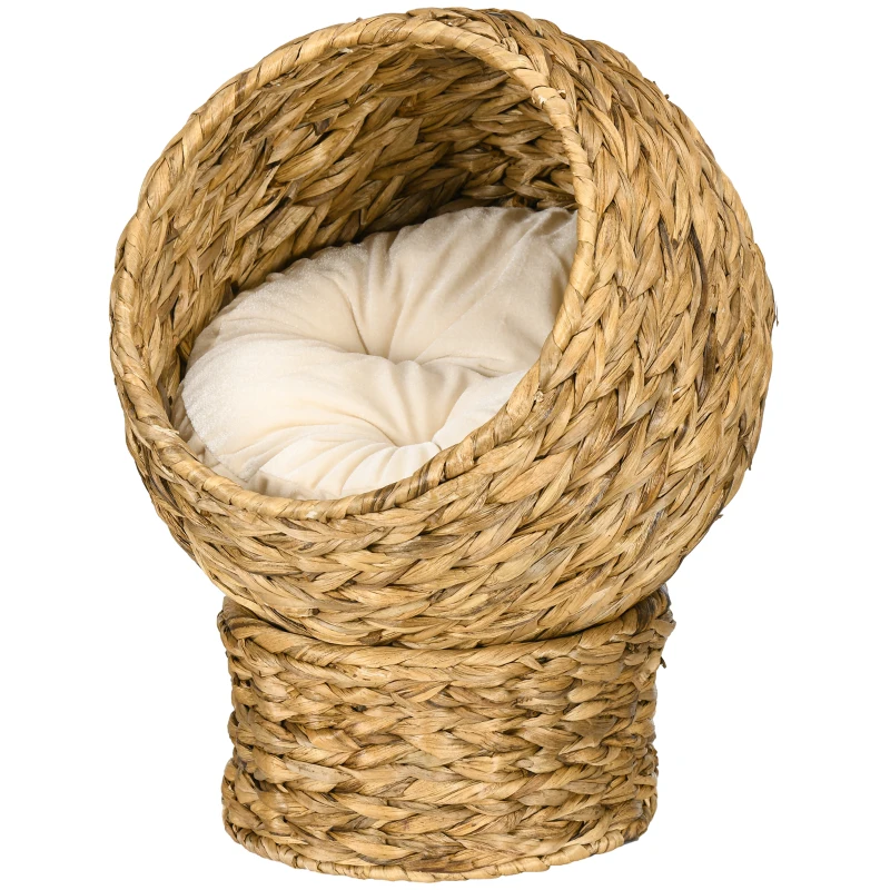 PawHut Rattan Katzenkorb Katzenhöhle Katzenhütte Katzenbett mit Kissen Haustierbett Wasserhyazinthe Braun 40 x 37 x 51 cm