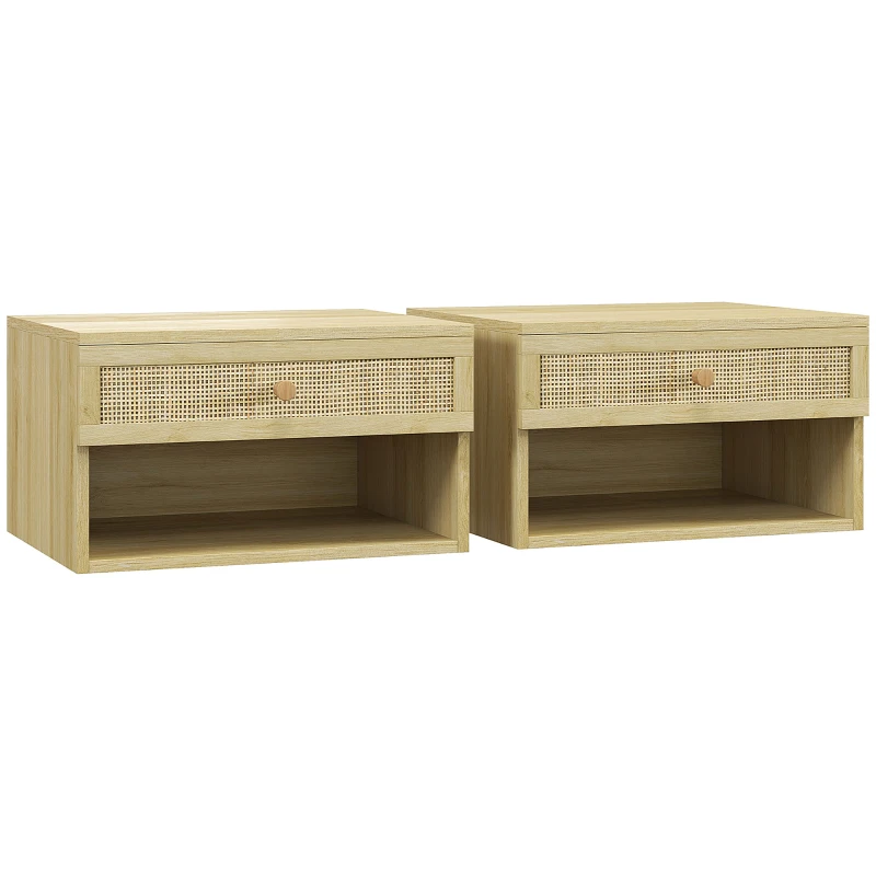 HOMCOM Set de 2 Noptiere Plutitoare, Noptiere cu Sertar din Ratan și Raft Deschis pentru Dormitor, 40x34x23 cm, Lemn Natural(m-11)