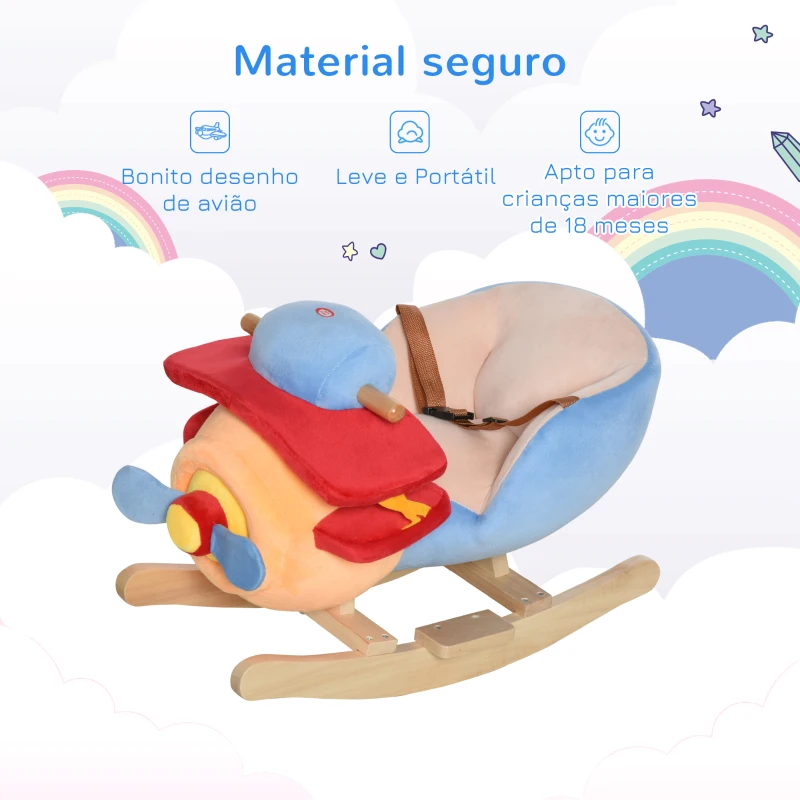 HOMCOM Cavalo de Balanço para Crianças +18 Meses Avião de Pelúcia com Música e Cinto de Segurança Cavalo Infantil 60x33x45 cm Multicolorido
