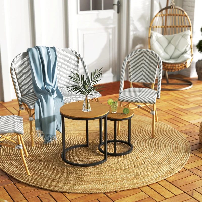 Outsunny Juego de 2 Mesas de Jardín con Encimera de Madera de Acaica Diseño Listones con Marco de Acero y Pies Ajustables Teca