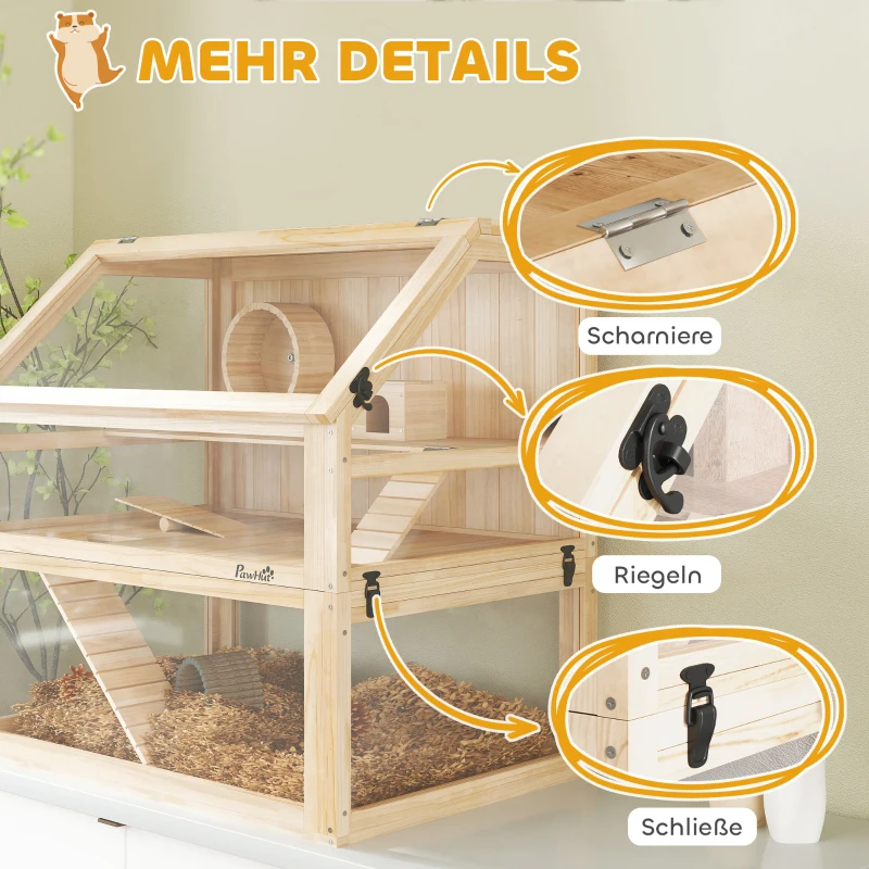PawHut Hamsterkäfig aus Holz 3 Etagen Nagarium Nagerkäfig mit klappbarem Deckel Laufrad 80 x 50 x 76 cm Naturholz(m-8)