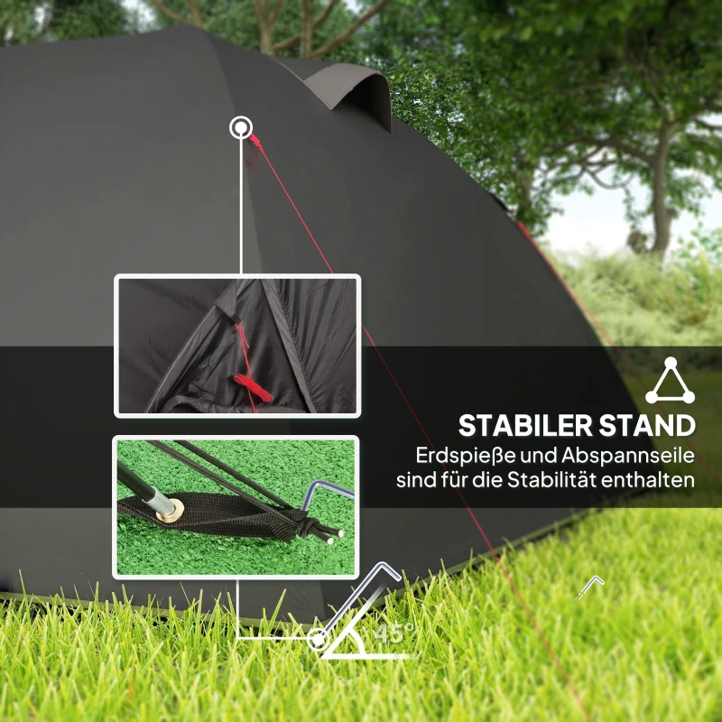Outsunny Lekki Namiot Campingowy dla 4 Osób UV 50+ - Tunelowy, Czarny z Przedsionkiem, Bocznymi Drzwiami i Oknami