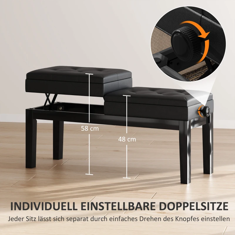HOMCOM Pianobank, Verstelbare Dubbele Zitplaats, Opbergruimte, Kunstleer, Zwart(m-6)