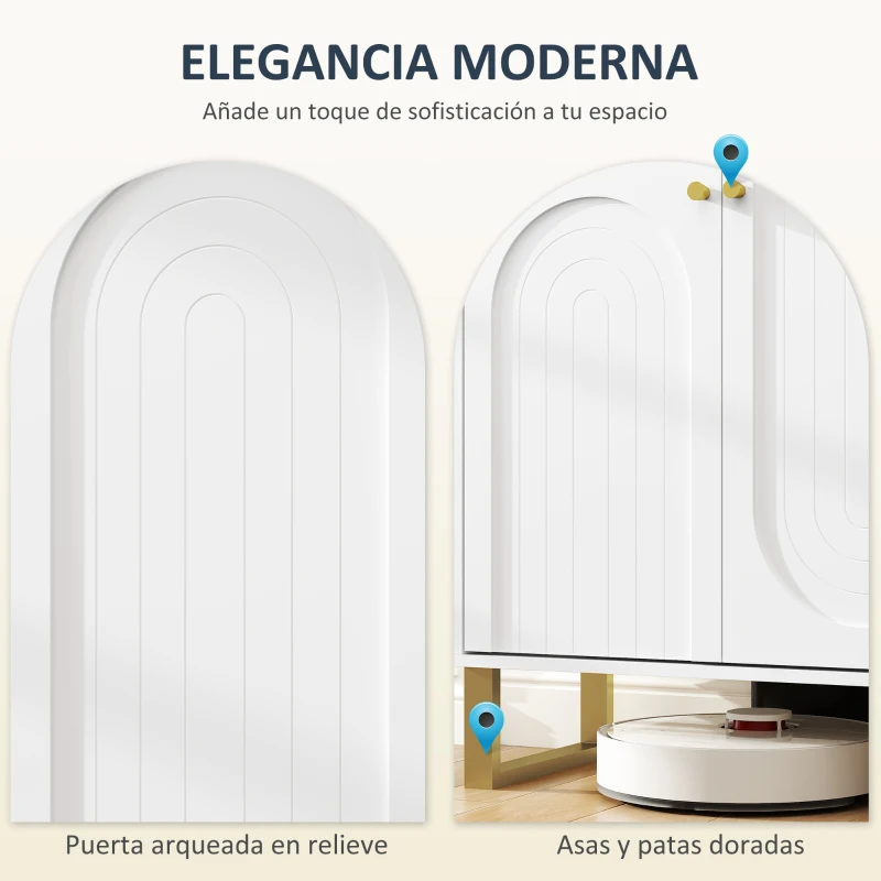 HOMCOM Aparador con 4 Puertas Arqueadas Estantes Ajustables y Patas Doradas 140,8x35x77,5 cm Blanco