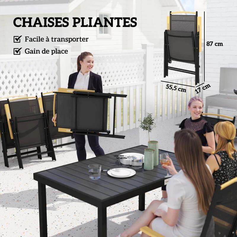 Outsunny Salon de jardin extérieur 6 personnes, cadre en aluminium, table 140 cm, 6 chaises pliables et inclinables, noir
