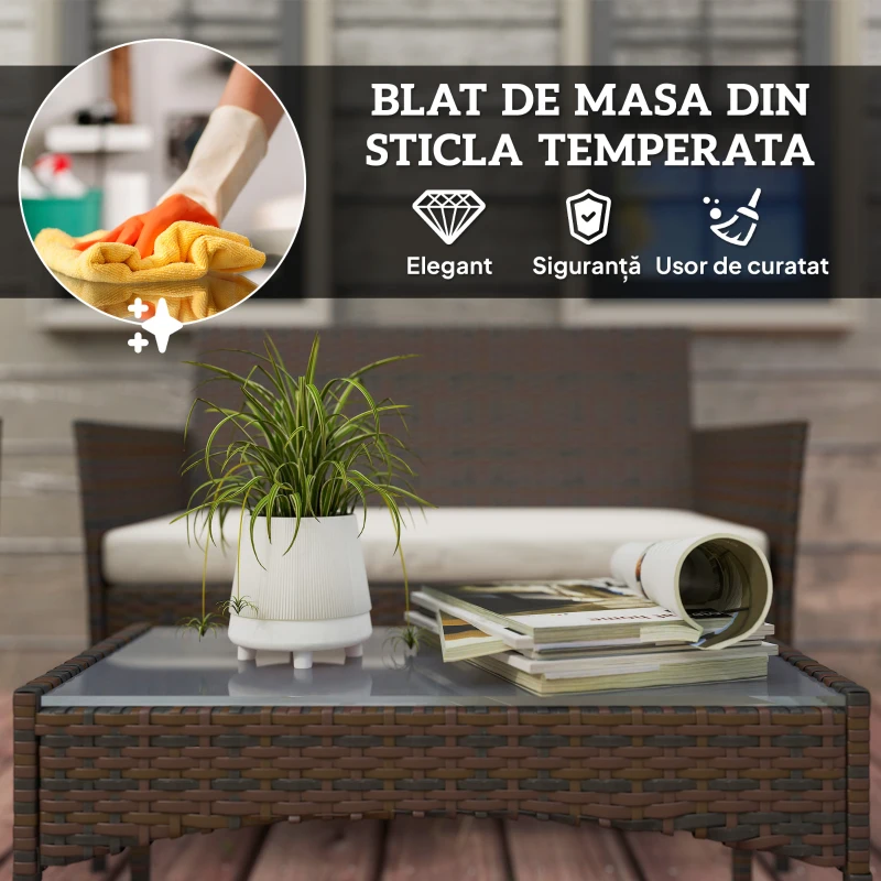 Outsunny Set Mobilier de Grădină din 4 Piese cu Canapea, 2 Fotolii și Măsuță de Cafea, 102x58x82 cm, Maro