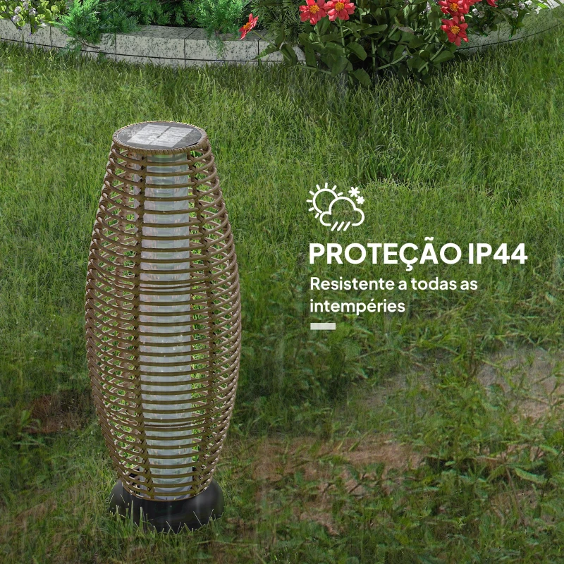 Outsunny Candeeiro de Jardim em Vime Sintético Candeeiro Solar de Exterior com Luzes LED Ligar e Desligar Automático Ø26x72 cm Madeira