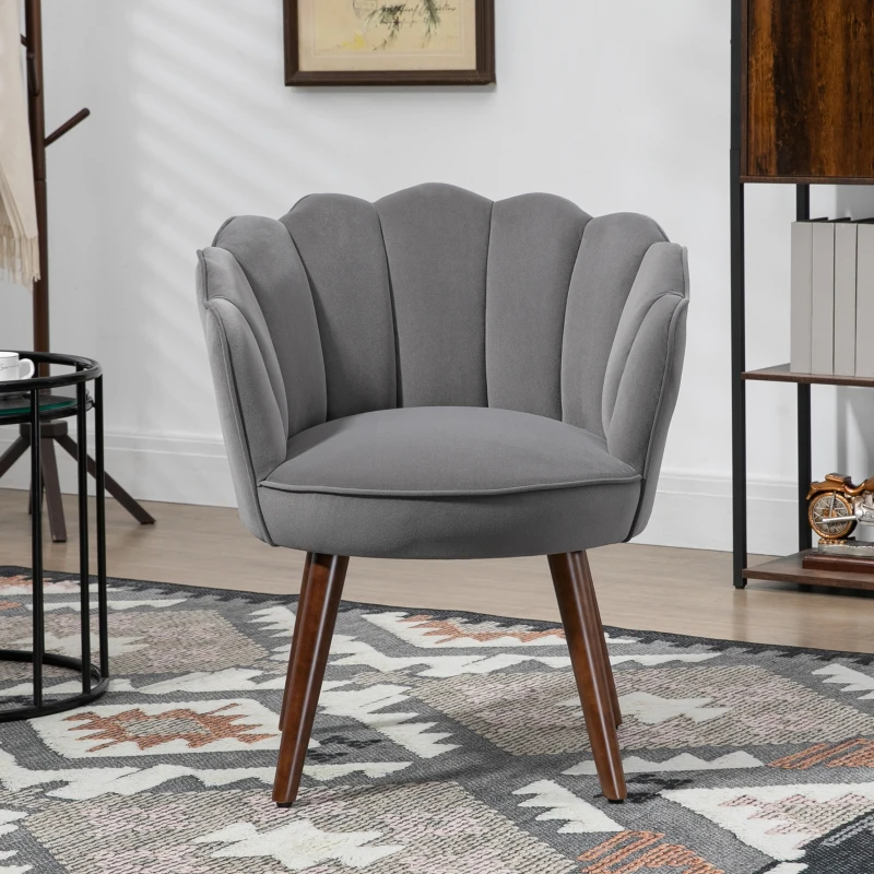 HOMCOM Fauteuil Coquillage Fauteuil de Salon Chambre avec Dossier et Coussin Aspect Velours Pieds en Bois hévéa dim. 66L x 66l x 78,5H cm, Gris
