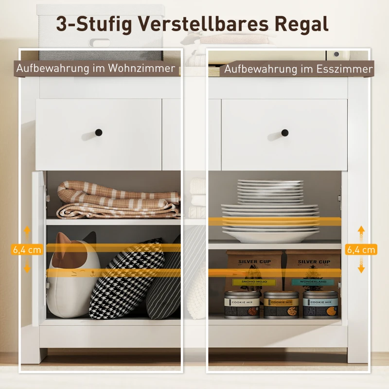 HOMCOM Kommode mit viel Stauraum, Sideboard mit Soft-Close-Türen, 2 Schubladen, verstellbares Regal, Weiß(m-5)