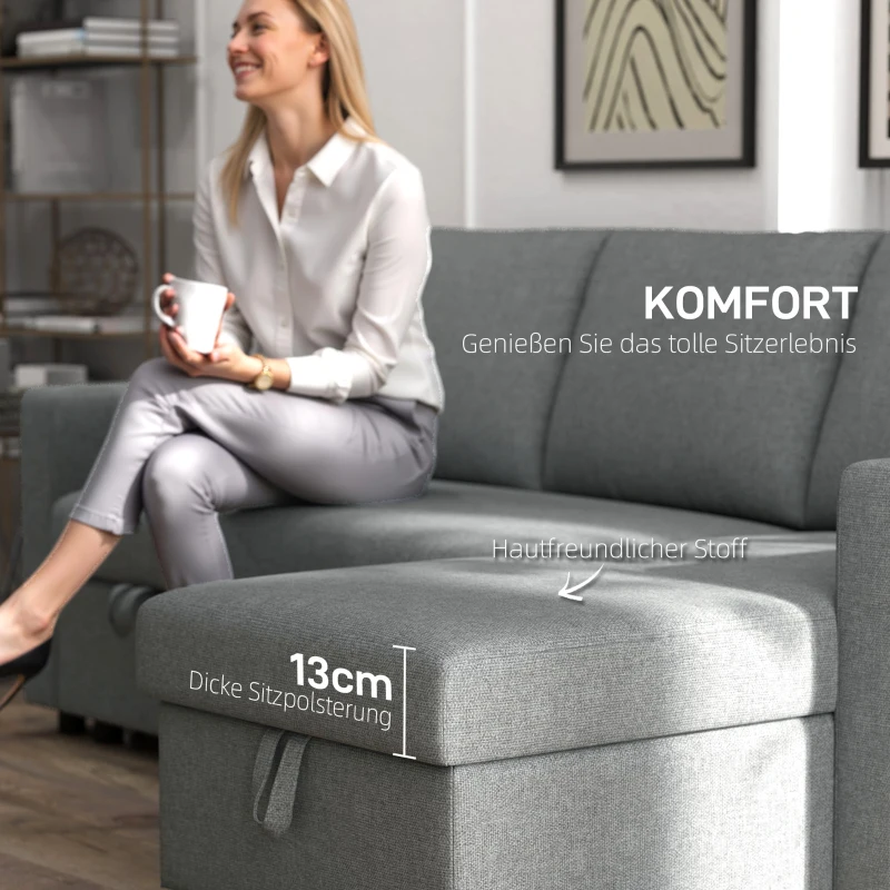 HOMCOM Ecksofa mit Schlaffunktion Stauraum Eckcouch mit Bettkasten Chaiselongue Schlafsofa Stoffsofa L-Form Leinen-Touch Hellgrau 211,5 x 146 x 85 cm