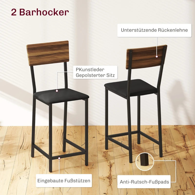 HOMCOM 3-teiliges Bartisch-Set, 1 Bartisch, 2 Stühle, mit Weinregal, Glashalter, Offene Regale, Fußstützen, Braun