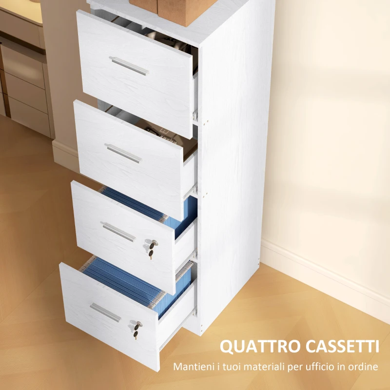 HOMCOM Armadio per Ufficio a 4 Cassetti con 2 Serrature e Barra Portadocumenti, in Legno, 40x42x130.8 cm, Bianco