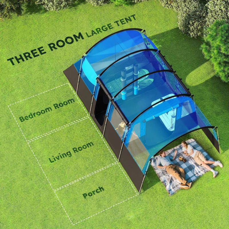Outsunny 4-Person Camping Tent, Waterproof Family Tent, Tunnel Design, 4 Large Windows, Sleeping Cabins 3000mm Water Column Blue