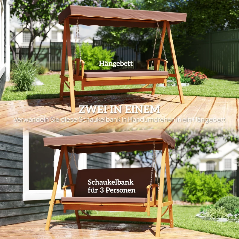 Outsunny Huśtawka Ogrodowa z Daszkiem, Drewniana, z Funkcją Leżanki, na 3 Osoby, Brąz