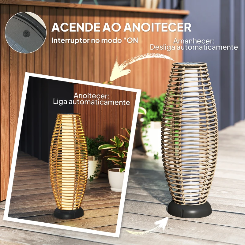 Outsunny Candeeiro de Jardim em Vime Sintético Candeeiro Solar de Exterior com Luzes LED Ligar e Desligar Automático Ø26x72 cm Madeira