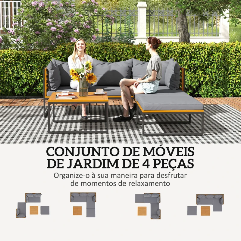 Outsunny Conjunto de Jardim de 4 Peças em Forma de L com 2 Sofás de 2 Lugares Sofá de Canto e Mesa de Centro  Cinza e Madeira