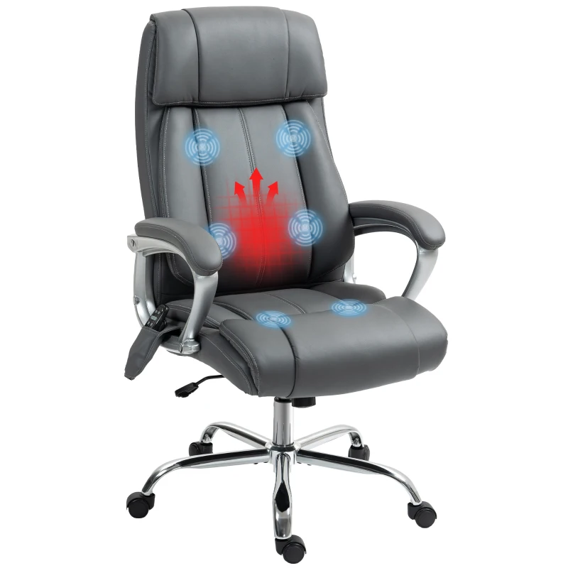 HOMCOM Sedia da Ufficio Massaggiante a 6 Punti e Inclinabile, in pelle PU e Acciaio, 66x72x113-121 cm, Grigio Carbone