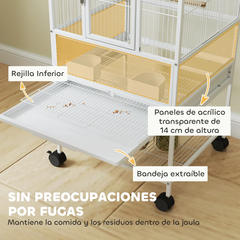 PawHut Jaula para Pájaros con Paneles Acrílicos Comederos Soporte Ruedas y Estante Inferior 48x46x83 cm Blanco