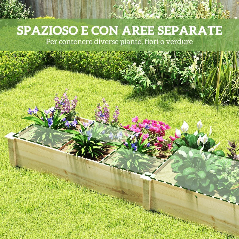 Outsunny Letto Rialzato per Orto e Giardino con Divisorio Interno e Fondo Aperto, 237x60x25cm, Legno Naturale