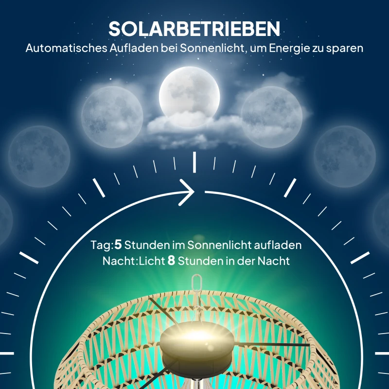 Outsunny Solar Stehlampe Rattan Solarlampen mit Lichtsensor Automatische Solarleuchte im Boho-Stil IP44 Schwarz+Gelb