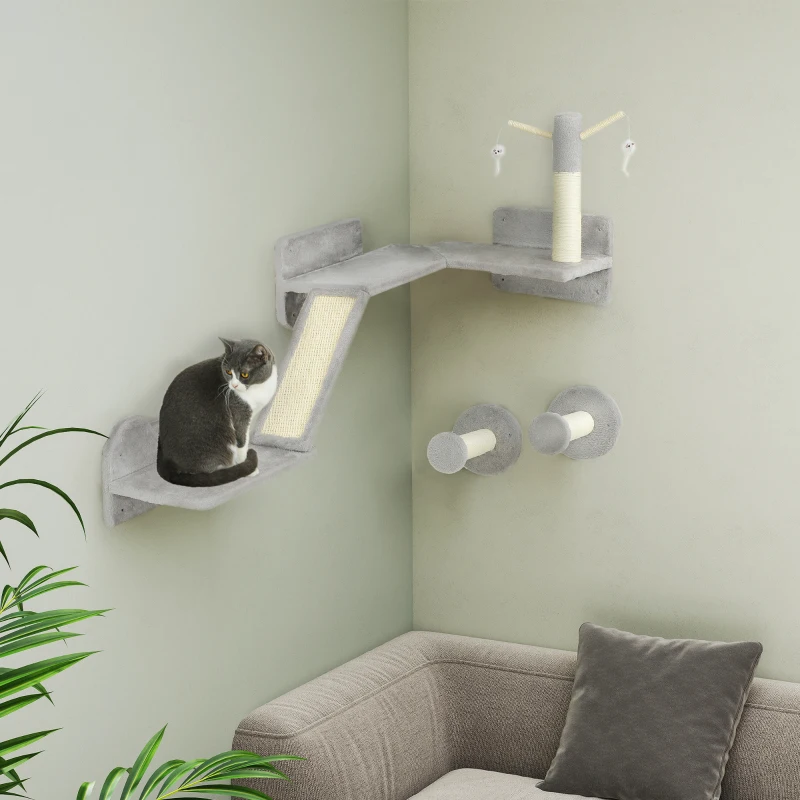 PawHut 3-Piece Cat Wall Furniture with Scratching Posts, Scratching Pads, Perches, Cat Wands, Toy Balls, Light Grey