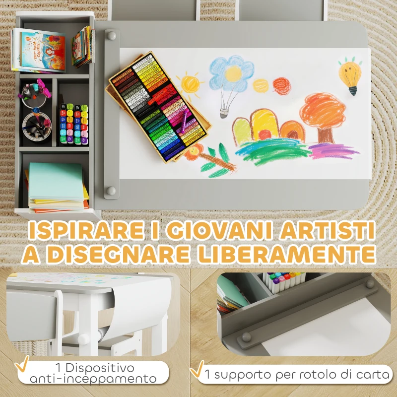 AIYAPLAY Set Tavolo e Sedie per Bambini con 2 Sedie e Tavolino Contenitore, in Legno e Tessuto non Tessuto, Grigio e Bianco