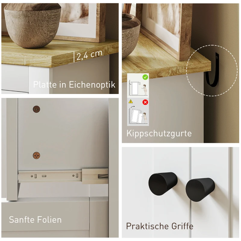 HOMCOM Kommode mit viel Stauraum, Sideboard mit Soft-Close-Türen, 2 Schubladen, verstellbares Regal, Weiß(m-7)